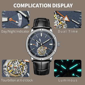 Montre mécanique tourbillon à double fuseau horaire personnalisée OEM pour homme, boîtier en acier inoxydable, bracelet en cuir, mouvement automatique 42 mm, verre saphir - Product Image 2
