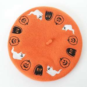 Mode Winter Oranje Baskische Baret Unieke Halloween Borduren Logo Goedkope Franse Baretten - Product Image 1