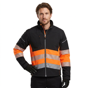 <b>Hi</b> <b>Vis</b> Reflective Work <b>Jacket</b> Black <b>Orange</b> Striped Safety Coat with Zip Closure and Gloves Included for Construction Use - Product Image 1
