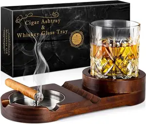 Cigar Ashtrays, Whiskey Glass Tray and Cigar Holder for Indoor Outdoor, Wooden Ash Tray Detachable Ashtray for Cigarettes