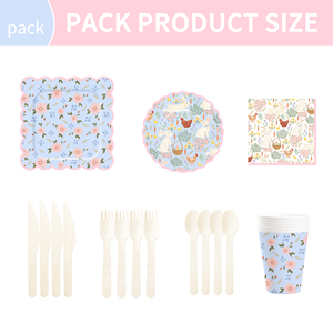 Ensemble d'assiettes en papier jetables DAMAI sur le thème du lapin et du panier de bambou, avec des petites fleurs roses et des bordures bleues ondulées, pour le festival de Pâques - Product Image 3