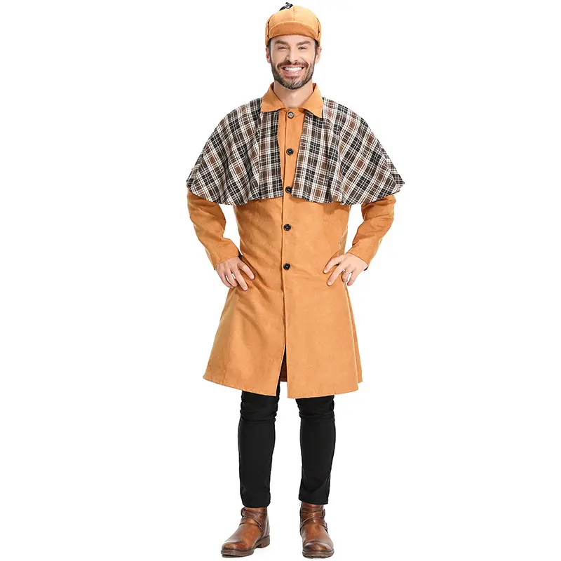 Inference Game Role Play Plaid Cape Halloween Dress Adult Men's Detective Costume