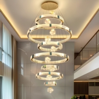 Lustre LED moderne de luxe à plusieurs niveaux, réglable en hauteur, avec anneaux en cristal, idéal pour escalier, villa, plafond haut