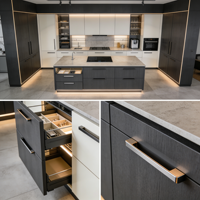 Meubles de cuisine de luxe minimalistes avec finitions dorées, îlot incurvé et solutions de rangement dissimulées
