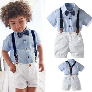 1081 बच्चा बच्चा लड़का कपड़े औपचारिक सज्जन जन्मदिन सूट नवजात बच्चे धारीदार शर्ट BowTie + ब्रेसिज़ बेल्ट शॉर्ट्स सेट