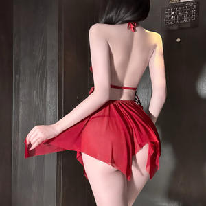 Vêtement de nuit sexy en dentelle rouge à motif papillon pour femmes, nuisette transparente à devant ouvert, lingerie exotique, mini-jupe - Product Image 5