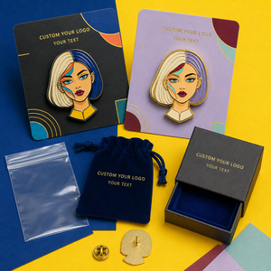 Ensemble de broches personnalisées en émail dur avec portrait féminin, finition nickel noir et plaqué or - Product Image 2