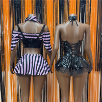 Jiubaju Halloween Lingerie Érotique en Cuir, Mini-Robe de Cosplay Diable Chauve-Souris, Costume de Cosplay Pirate Rayé Tendance pour Femme