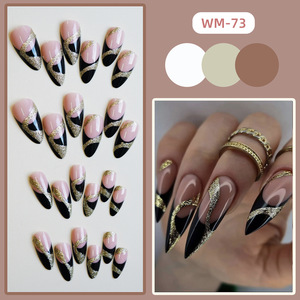 <span class=keywords><strong>Uñas</strong></span> postizas francesas <span class=keywords><strong>negras</strong></span> <span class=keywords><strong>con</strong></span> purpurina dorada, <span class=keywords><strong>uñas</strong></span> postizas largas tipo stiletto, <span class=keywords><strong>uñas</strong></span> acrílicas reutilizables de cobertura completa para mujer - Product Image 2