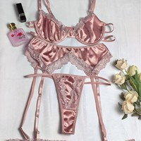 Ensemble de lingerie pour femmes, soutien-gorge push-up et culotte, ensemble trois pièces, sous-vêtements sexy en dentelle, soutien-gorge à col en V, string, jarretière, ensemble en dentelle