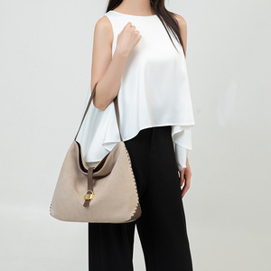 Bolso de Hombro Tipo Hobo de Cuero Genuino de Primera Calidad, Estilo Coreano, Minimalista, con Borde Cosido, Grande y Lujoso - Product Image 2