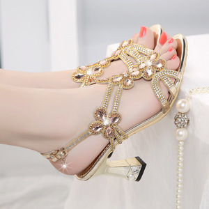 Xuanhui, Nuevo Diseño, Tendencia de Moda, Zapatos de Boda de Cuero Genuino para Exteriores, Sandalias con Tira en el Tobillo y Tacón Alto de Bloque de 7.5cm con Pedrería - Product Image 1