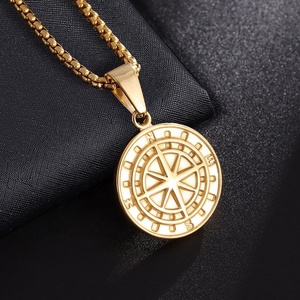 Collier Pendentif Boussole Rond en Acier Inoxydable pour Homme, Style Hip Hop Vintage avec Étoile et Pièce de Monnaie - Product Image 3