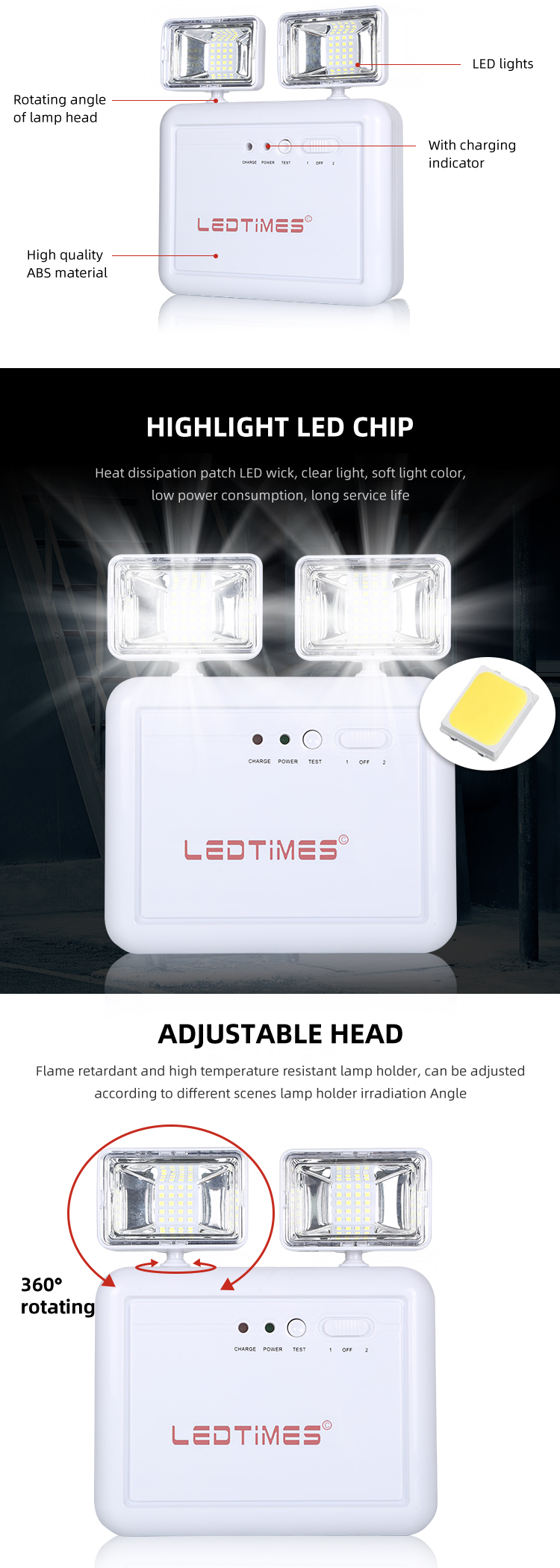 Good Quality 3.7V Adjustable Dual Heads Indoor Hotel 0.2W Portable Rechargeable Led Emergency Light