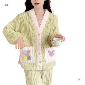 Ensemble pyjama d'hiver pour filles, manches longues, en polaire épaisse, vêtements de maison pour jeunes femmes, rose vert - Product Image 5