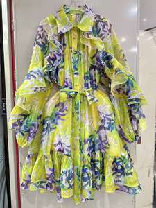 Fabrieksgroothandel Designer Mode Mini Jurk Dames Lente Herfst Cascade Volants Bloemenprint Lange Mouw Casual Party - Product Image 2