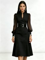 Robe midi trapèze en jean pour femme, à manches bouffantes en maille unie, avec ceinture, coupe ajustée, élégante, pour soirée ou décontractée, printemps-été, design personnalisé