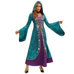 Vestido con Capucha Estilo Gitano para Mujer, Manga Larga con Volantes, Color Morado y Verde Azulado, Disfraz Elegante, Disfraz de Bruja para Halloween - Product Image 1