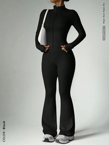 Aoyema Abbigliamento Sportivo da <span class=keywords><strong>Donna</strong></span> Personalizzato MOQ 1pz Colletto Alto con Zip <span class=keywords><strong>Tuta</strong></span> Aderente ad Alta Elasticità <span class=keywords><strong>Pantaloni</strong></span> a Zampa Set 2 Pezzi - Product Image 3