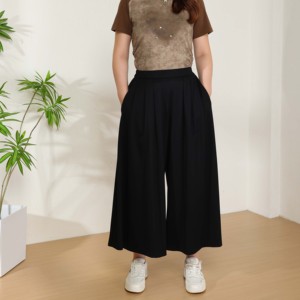 <span class=keywords><strong>Pantalon</strong></span> décontracté noir taille haute à jambe large en maille respirante unie pour <span class=keywords><strong>femme</strong></span>, en <span class=keywords><strong>polyester</strong></span> et <span class=keywords><strong>viscose</strong></span>, idéal pour l'automne - Product Image 2