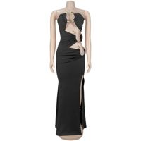 Robe longue moulante pour femme, sans bretelles, à découpes métalliques, taille évidée, fente haute, dos nu, fluide, pour soirée en boîte de nuit