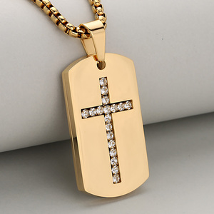 Kalung Liontin Salib Dogtag Mewah Trendi Berlapis Emas 18K Stainless Steel Berkualitas Tinggi Laris Manis Bersertifikat Pria Wanita Unisex - Product Image 4