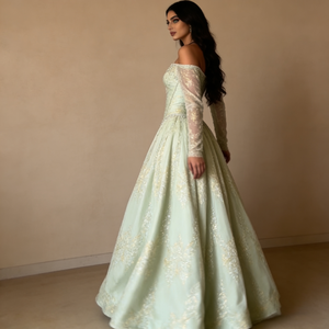 Vestidos de Mujer Verde Menta Claro, Hombros Descubiertos, Escote Corazón, <span class=keywords><strong>Manga</strong></span> Larga Transparente, Bordado Dorado, <span class=keywords><strong>Vestido</strong></span> de Gala Elegante - Product Image 3