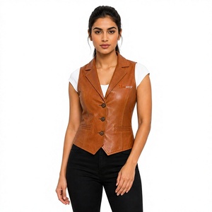 Chaleco de Cuero Sintético Marrón para Mujer TiierWear, Cuello con Muescas, Cierre de Botones, Prenda Exterior Informal - Product Image 1