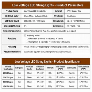 Guirlandes lumineuses LED étanches IP44, 8 modes, dimmables, connectables, basse tension, USB, solaires, pour extérieur, Noël, mariage, OEM personnalisé - Product Image 4