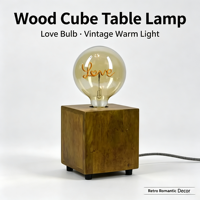 Lampe de table en bois, base carrée vintage en bois massif, ampoule, décoration romantique, lampe de nuit pour chambre à coucher, cadeau