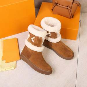 Nouvelles bottes de neige tendance en cuir de vachette de luxe, décontractées, plates, à enfiler, montantes, pour l'hiver - Product Image 1