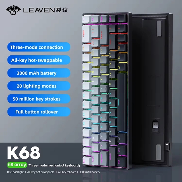 LEAVEN K68 Customized DIY Shaft Body Keycap Tri-Mode Mechanical Hot-swappable Gaming Keyboard