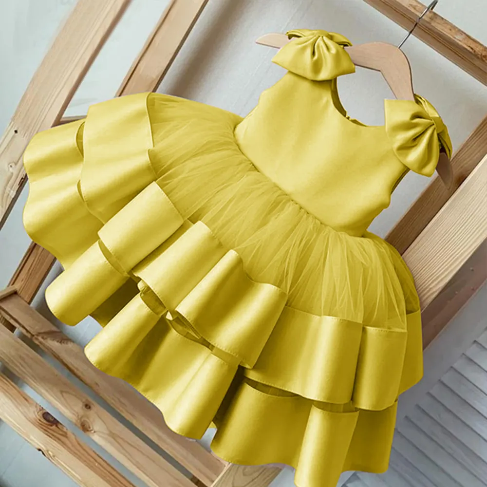 bow on shoulders yellow girl baby birthday dress 1 year baby