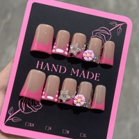 Faux ongles courts style Y2K en acrylique, faits à la main, à presser, décorés de fleurs 3D et de strass, réutilisables