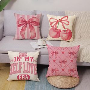 Funda de Almohada con Lazo Rosa, Diseño Estético de Corazón de Cereza para Decoración del Hogar de Niñas, Diseño de Cuadrícula a Rayas en la Era de Mi Amor Propio - Product Image 2