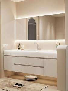 Armadietto da bagno moderno in stile crema da 120cm con specchio a LED multifunzionale e Design a bacinella integrato in Corian - Product Image 3