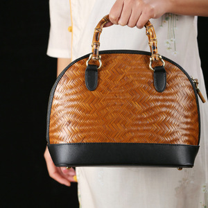 Chinese Style Bamboo Woven Tote Bag Handmade Cowhide Crossbody Bag Artistic Women's Bag Guizhou Origin - Product Image 2