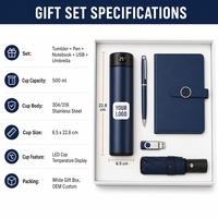 Set Hadiah Bisnis Perusahaan: Cangkir Termos Tampilan Suhu Baja 316 dengan Logo Custom, 500ml, Dilengkapi Payung, Pena, Notebook, dan USB Drive