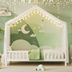 White House Shaped Montessori Floor <strong>Bed</strong>, Twin Kids <strong>Bed</strong> Frame with Canopy &amp; High Railings - Product Image 2