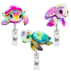 Sea Turtle Acrylic Plastic Medical Retractable Badge Reels Cute Name Badge Holder Accessories ID Card Holder with Swivel Clip