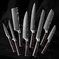 Ensemble de couteaux de chef de haute qualité, 10 pièces, acier inoxydable, motif laser, avec manche en bois, boîte cadeau