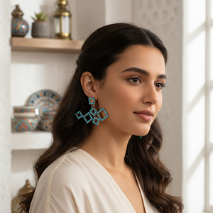 Square Design Turquoise Zircon Stone Ear <b>Jackets</b> Woman Earrings Geometric Turkish Handmade 925 Sterling <b>Silver</b> Jewelry - Product Image 3