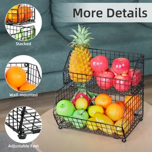 Wall-mount Place Flat Fruit Vegetable Basket Stackable Use 2 Tier Fruit Basket For Kitchen / Living Room
