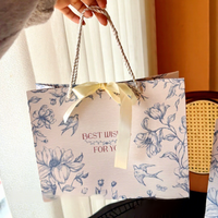 Tas Hadiah Cetak Gaya Inggris dengan Pita, Motif Bunga Elegan, untuk Pakaian, Perhiasan, Kemasan Premium
