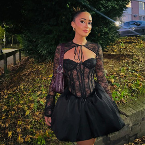 Sexy Lace Long Sleeve <b>Corset</b> Dress With Sheer Layer A Line Skirt For Evening Wear - Product Image 3