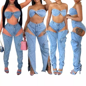Washed <b>Stretch</b> Denim Split Zipper 3D Pocket <b>Wrap</b> Chest Sexy Top Pants 2 Piece Set Fashion - Product Image 1