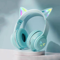 Headphone Wireless Over-ear Model Telinga Kucing untuk Gaming dengan Lampu RGB Warna-warni dan Pemutar MP3 Kartu TF