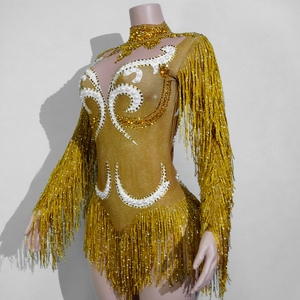 Body de Alta Calidad para Drag Queen, Diseño Sexy con Estampado de Toro, Perlas y Flecos de Diamantes de Imitación, Dorado, para Grupo Femenino, Ropa de Escenario, Personalizado - Product Image 3