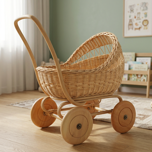 Cochecito de muñeco de ratán de madera de 4 Patas. Muebles de mimbre para niños, juguetes infantiles, cunas de muñecas al mejor precio en Vietnam - Product Image 4
