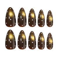 Faux ongles à presser en PMMA, forme amande, brun foncé, motif œil de chat et pois blancs, avec points peints à la main, style French, pour automne-hiver